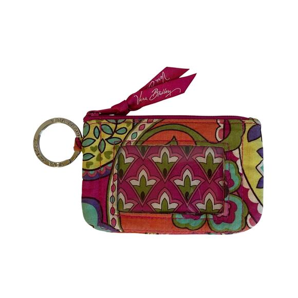 Vera Bradley Pink Swirl Paisley Floral Cotton Mini Zip ID Wallet Silver Key Ring - Picture 1 of 11